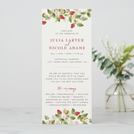 Red Sweet Wild Strawberry Blume Hochzeit Programm (Stehend Vorderseite)