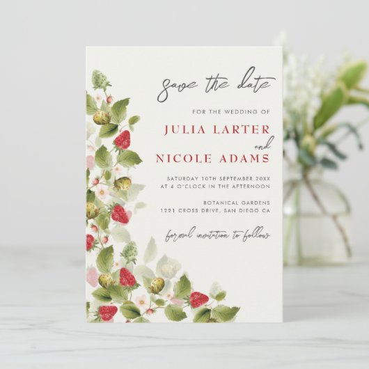 Red Sweet Wild Strawberry Blume Hochzeit Save The Date (Stehend Vorderseite)