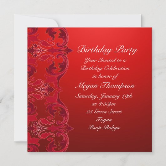 Red Swirl Damask Geburtstag Einladung (Vorderseite)