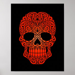 Red Swirling Sugar Skull auf schwarz Poster