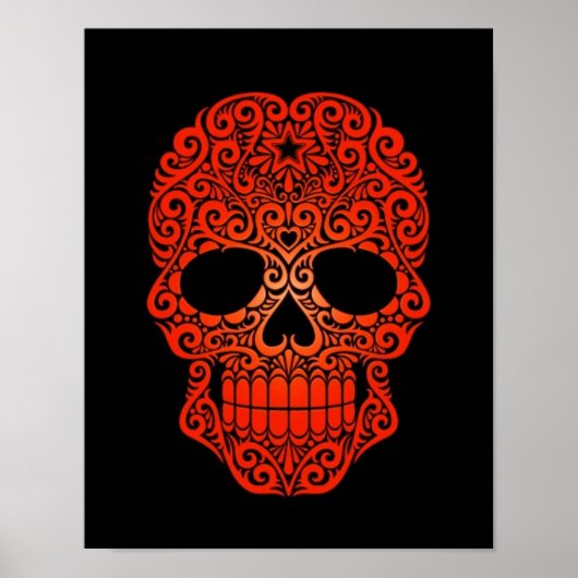 Red Swirling Sugar Skull auf schwarz Poster (Vorne)