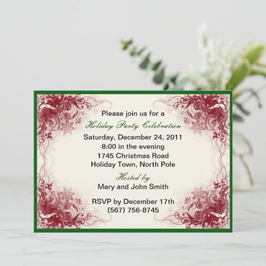 Red Swirt Holiday Celebration Party Einladungen (Stehend Vorderseite)