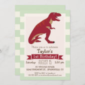 Red T-Rex auf pastellgrünen Streifen Einladung (Vorne/Hinten)