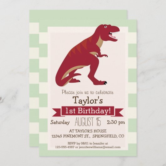 Red T-Rex auf pastellgrünen Streifen Einladung (Vorne/Hinten)