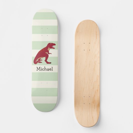 Red T-Rex auf pastellgrünen Streifen Skateboard (Vorderseite)