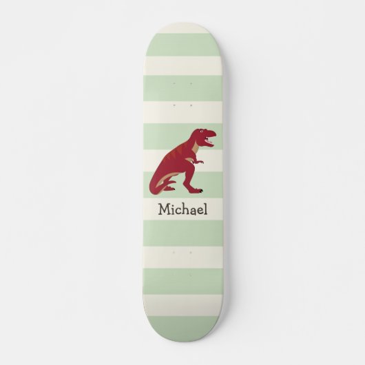 Red T-Rex auf pastellgrünen Streifen Skateboard (Vorne)
