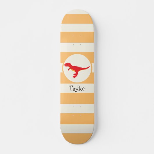 Red T-Rex Dinosaurier; Orangefarbene Streifen Skateboard (Vorne)