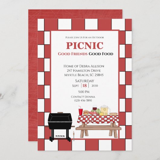 Red Tablecloth Picnic GRILLEN Outdoor Grill Einladung (Vorne/Hinten)