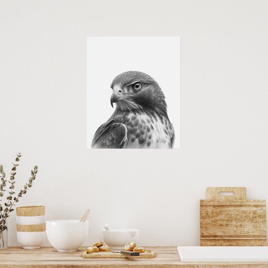 Red Tail Hawk Bird Portrait Schwarz-weiß Poster (Küche)