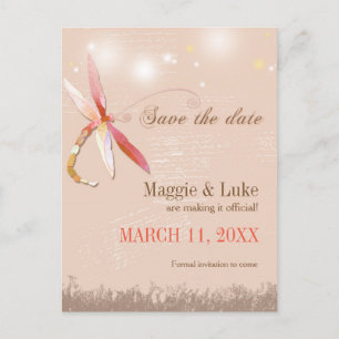 Red & Tan Dragonfly Hochzeit Sichern Sie das Datum Ankündigungspostkarte