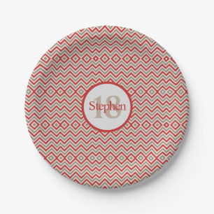 Red Tan White Zickzack Birthday Party Paper Plate Pappteller