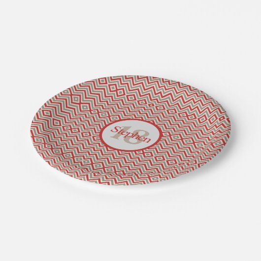 Red Tan White Zickzack Birthday Party Paper Plate Pappteller (Schrägansicht)