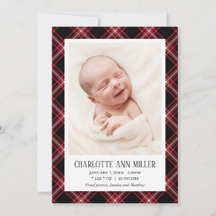Red Tartan Baby Birth Announcement Foto Card Ankündigung