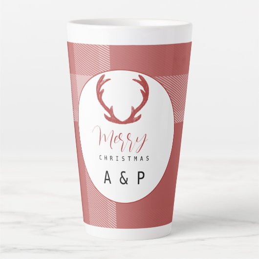 Red Tartan Deer Antlers Monogram Milchtasse (Vorderseite)