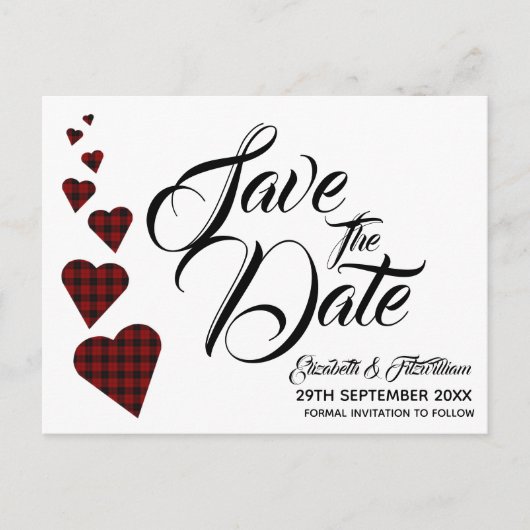 Red Tartan Herz Save the Date Postkarte (Vorderseite)