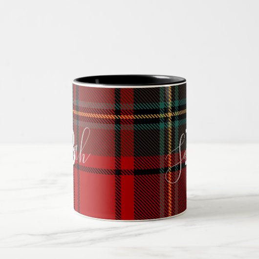 Red Tartan Kariert Checkered Scotland Monogram Nam Zweifarbige Tasse (Mittel)