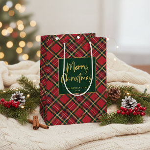 Red Tartan Kariert Gold Script Frohe Weihnachten Mittlere Geschenktüte