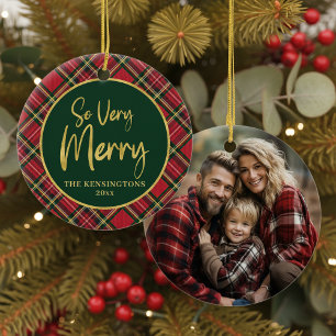 Red Tartan Kariert Gold Script Weihnachten Keramik Ornament