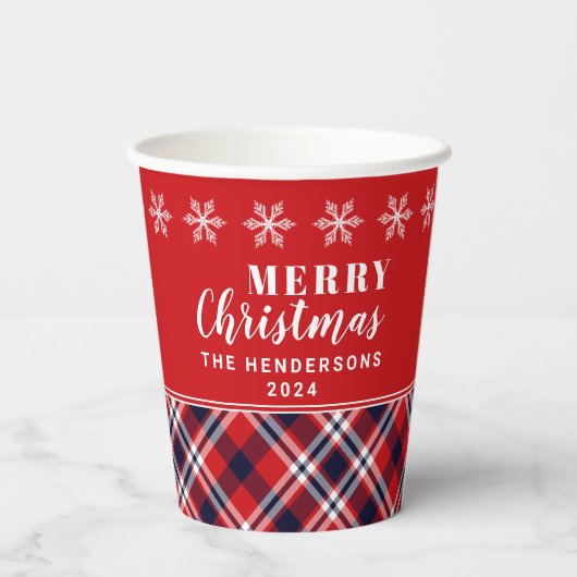Red Tartan Kariert Moderne Personalisierte Weihnac Pappbecher (Rückseite)