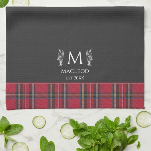 Red Tartan Personalisiert Monogram UK Black Geschirrtuch (Gefaltet)
