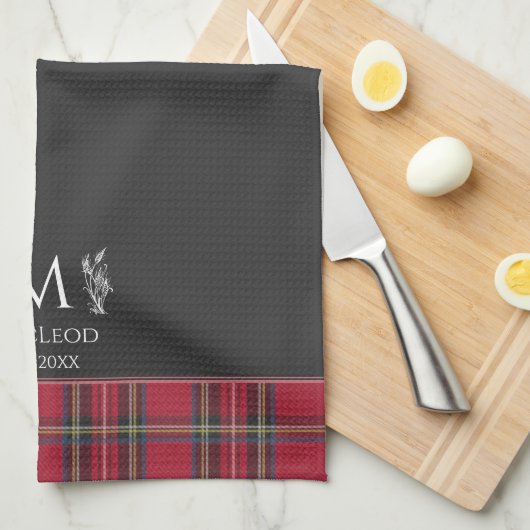 Red Tartan Personalisiert Monogram UK Black Geschirrtuch (Viertel Falte)