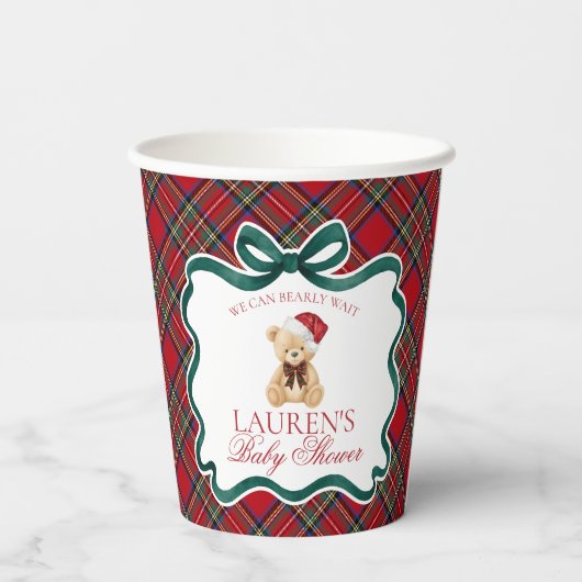 Red Tartan Plaid Christmas Bear Baby Shower Pappbecher (Rückseite)