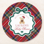 Red Tartan Plaid Christmas Bear Baby Shower  Runder Pappuntersetzer<br><div class="desc">We can bearly wait! With cozy Christmas colors,  elegant tartan details,  and a darling bear dressed for the season,  this baby shower collection blends classic holiday style with the excitement of welcoming a new baby this December.</div>