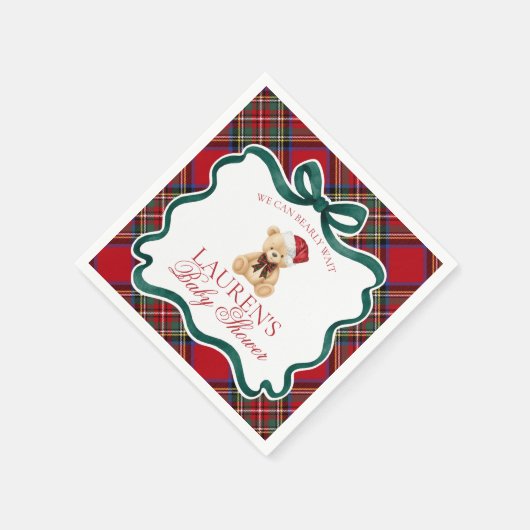 Red Tartan Plaid Christmas Bear Baby Shower Serviette (Ecke)