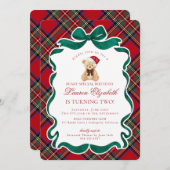 Red Tartan Plaid Christmas Bear Birthday Einladung (Vorne/Hinten)