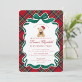 Red Tartan Plaid Christmas Bear Birthday Einladung (Stehend Vorderseite)