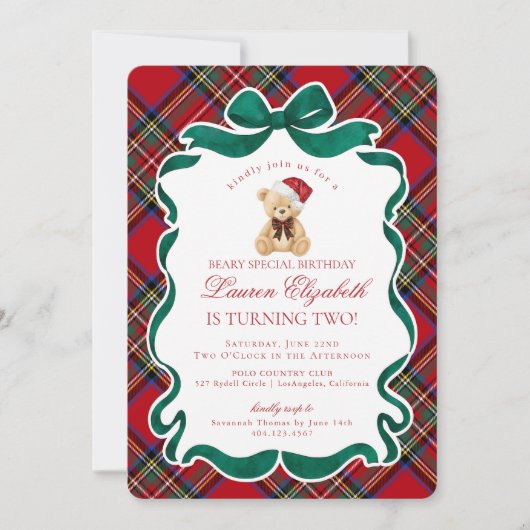 Red Tartan Plaid Christmas Bear Birthday Einladung (Vorderseite)