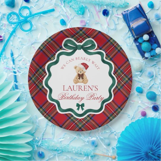 Red Tartan Plaid Christmas Bear Birthday Party Pappteller (Party)