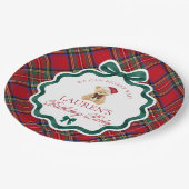 Red Tartan Plaid Christmas Bear Birthday Party Pappteller (Schrägansicht)