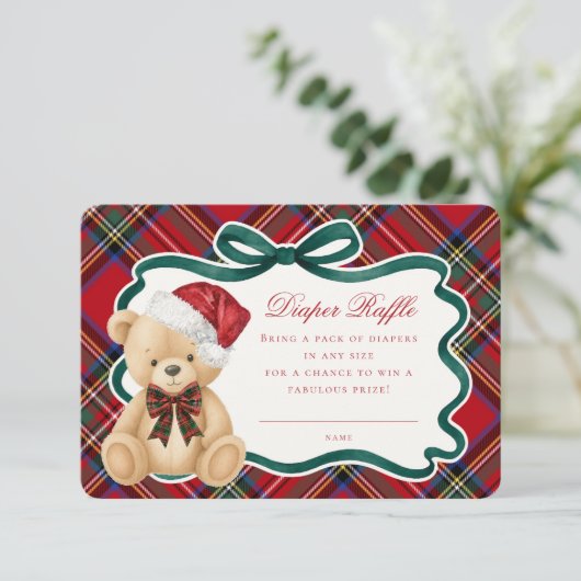 Red Tartan Plaid Christmas Bear Diaper Raffle Begleitkarte (Stehend Vorderseite)