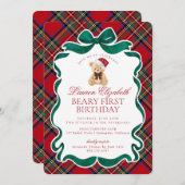 Red Tartan Plaid Christmas Beary First Birthday Einladung (Vorne/Hinten)