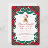Red Tartan Plaid Christmas Beary First Birthday Einladung (Vorderseite)