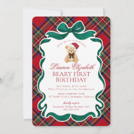 Red Tartan Plaid Christmas Beary First Birthday Einladung