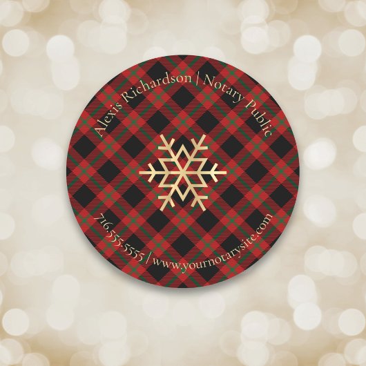 Red Tartan Snowflake Notar Business Runder Aufkleber
