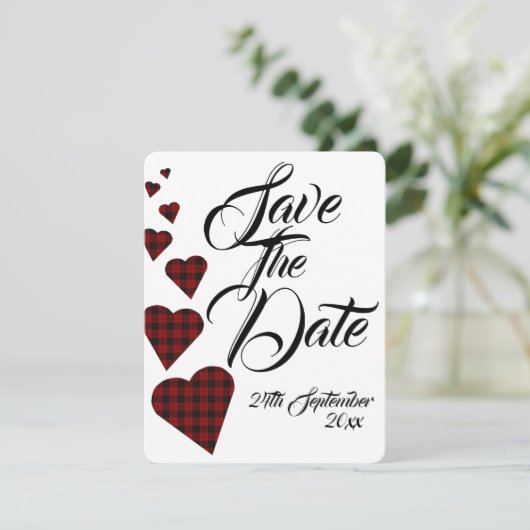 Red Tartan Wedding speichern das Datum Einladung (Stehend Vorderseite)