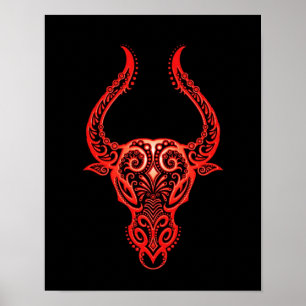 Red Taurus Zodiac auf schwarz Poster