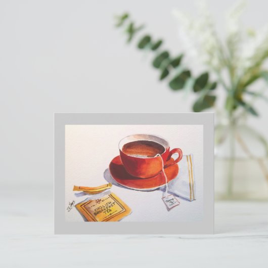 Red Teacup mit Teabag Postkarte (Stehend Vorderseite)