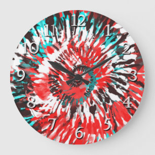 Red Teal Black White & Grey Tie Dye Große Wanduhr
