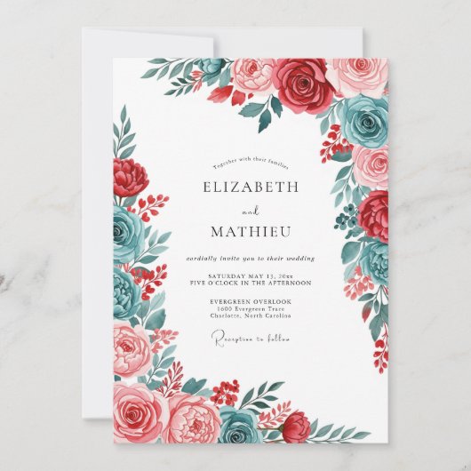 Red Teal Gracious Botanical Wedding Einladung (Vorderseite)