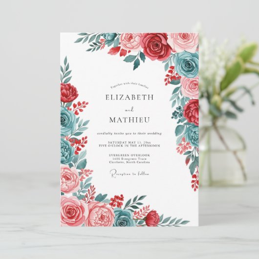 Red Teal Gracious Botanical Wedding Einladung (Stehend Vorderseite)