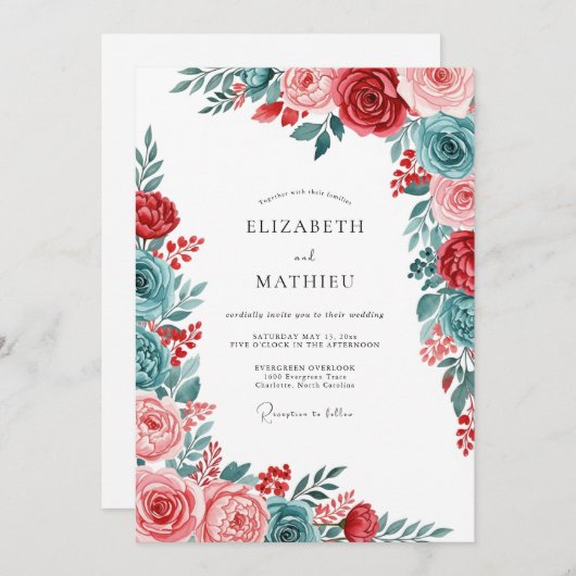 Red Teal Gracious Botanical Wedding Einladung (Vorne/Hinten)