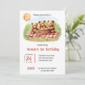 Red Teddy Bear Picnic 1. Geburtstag Einladung (Stehend Vorderseite)