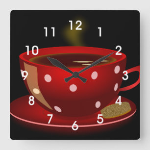Red Tee oder Coffee Cup Kitchen Wall Clock Quadratische Wanduhr
