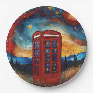 Red Telefone Box auf farbenfrohe Sternennacht Pappteller