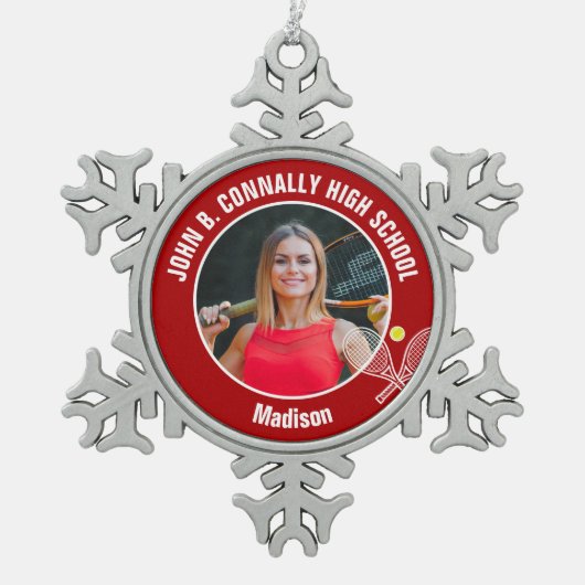 Red Tennis Player Photo High School Spirit Schneeflocken Zinn-Ornament (Vorderseite)