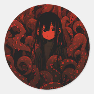 Red Tentacle Horror Anime Girl Runder Aufkleber